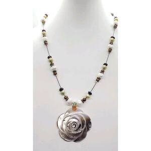 Carved Rose Mother of Pearl Shell Flower Pendant & Genuine Pearl Necklace Chain